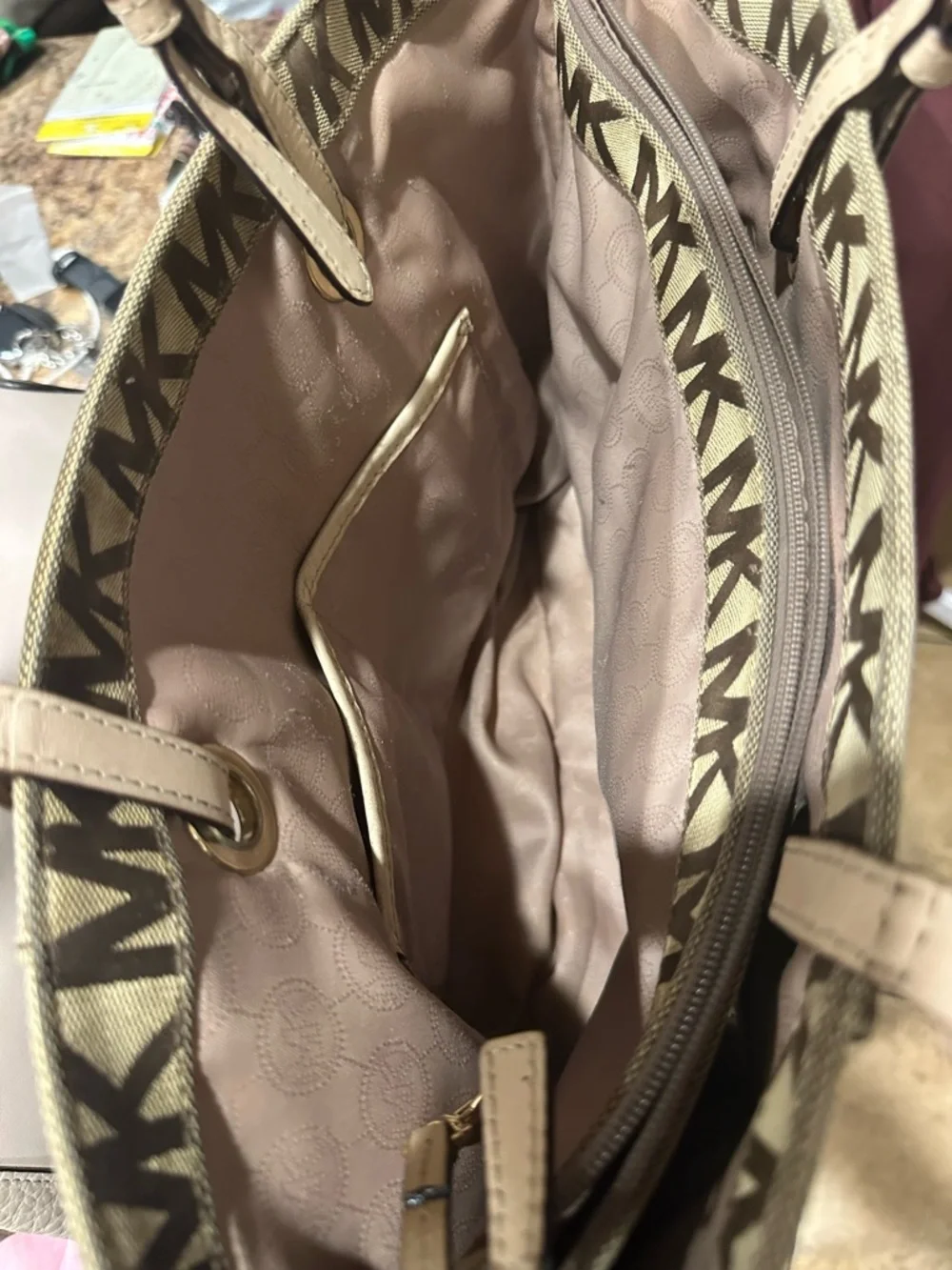 Michael Kors Tan and Beige MK Logo Tote with Gold Charm - Picture 4 of 6